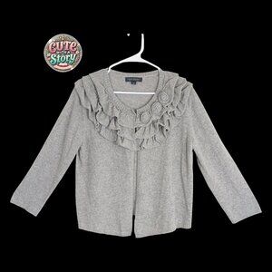 Banana Republic L Gray Ruffle Cardigan Sweater Italian Yarn Wool Cashmere Blend